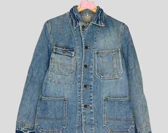 Jaqueta jeans vintage UNBRAND para tarefas domésticas com botões Jaqueta jeans de trabalho sem marca VTG Jaqueta de trabalho francesa sem marca para trabalhadores com botões
