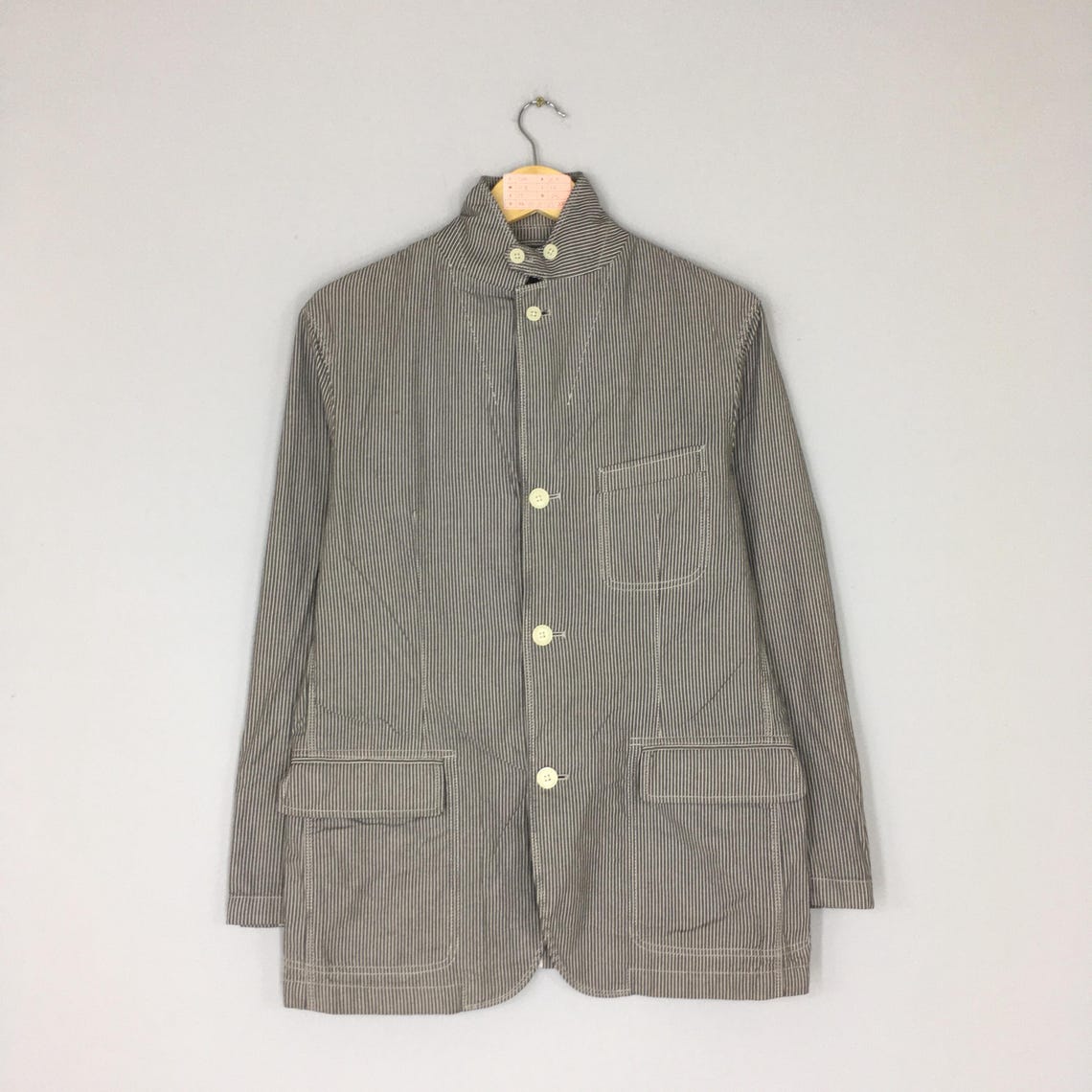 Vintage Grey Striped Hickory Denim Chore Jacket Vintage WaBash Grey Workwear Jean Jacket Grey FrenchWork Workers Full Button Unisex Medium, foto 1 di 5