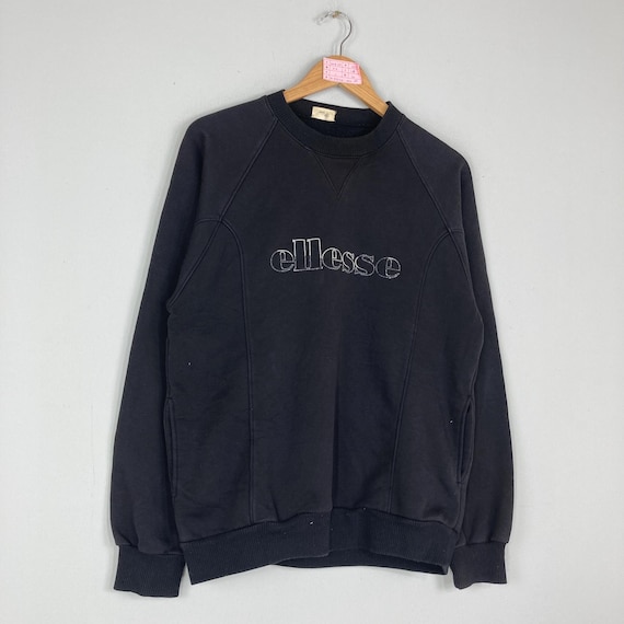 Ellesse, Vintage Rare ELLESSE Crewneck Sweatshirt Big Logo ELLESSE Jumper Pullover Casual Sportswear Sweater Black Colour Unisex Large Size