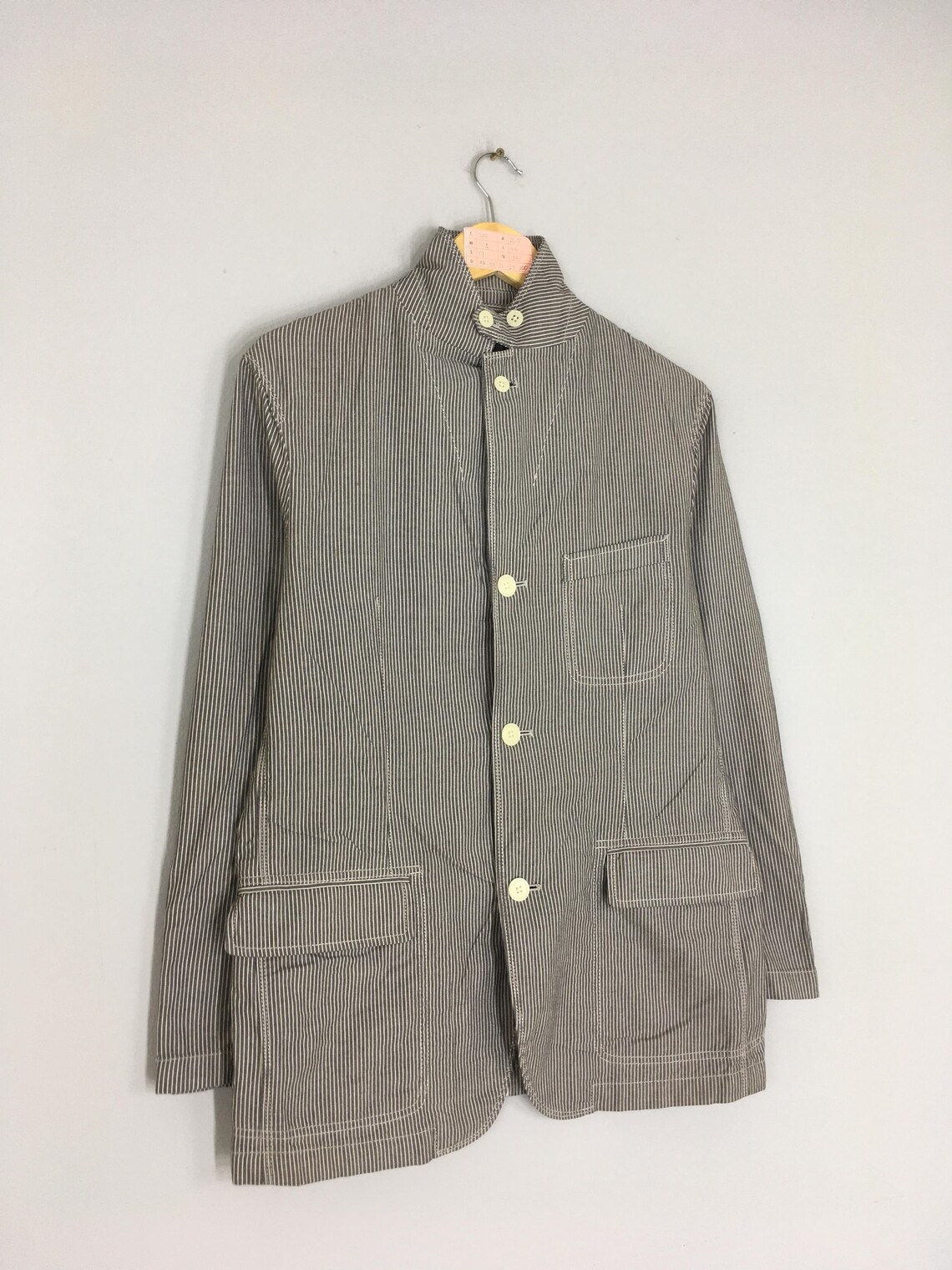 Vintage Grey Striped Hickory Denim Chore Jacket Vintage WaBash Grey Workwear Jean Jacket Grey FrenchWork Workers Full Button Unisex Medium, foto 2 di 5