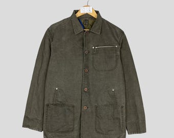 Jaqueta jeans vintage sem marca, em algodão, estilo utilitário, com botões. Jaqueta jeans sem marca para trabalho, modelo Frenchwork.