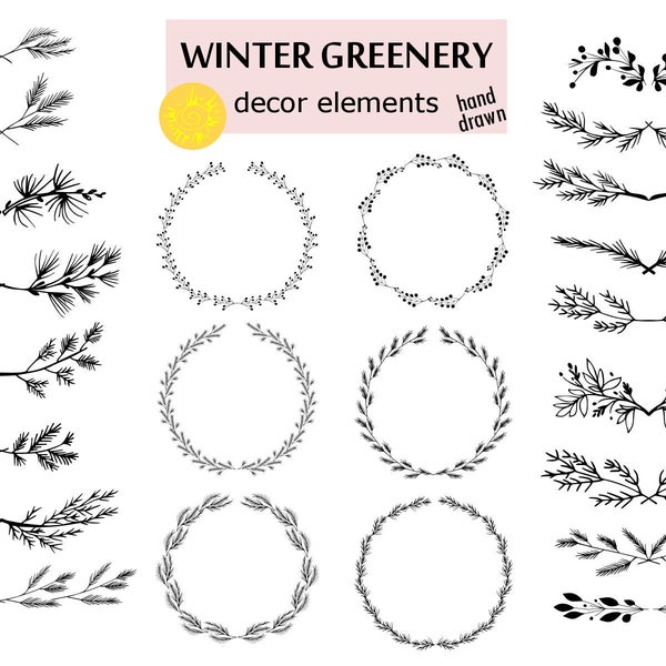 Winter Greenery Vector Decor Set. Christmas Wreaths, Laurels, Festive Decor Elements. Black And White Holiday Ornaments. Instant Download.