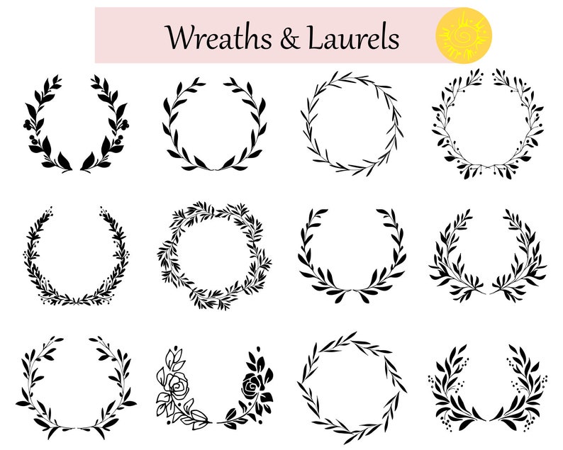 Black and White Wreath Clipart. Vector Wreaths and Laurels. Hand Drawn