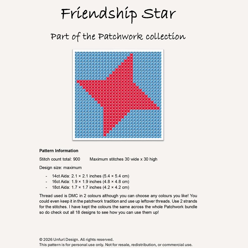 May include: A cross-stitch pattern titled "Friendship Star" from the Patchwork collection. The design features a red star on a blue background. The pattern includes stitch count, design size, and Aida cloth measurements in inches and centimeters.