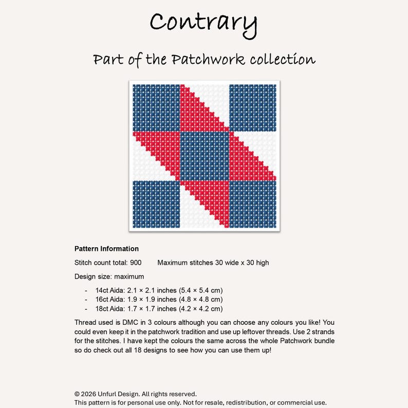 K&ouml;nnte beinhalten: Ein Kreuzstichmuster mit dem Titel "Contrary" aus der Patchwork-Kollektion. Das Design zeigt ein geometrisches Muster aus roten, wei&szlig;en und blauen Quadraten und Dreiecken. Die Musterinformationen umfassen die Stichzahl, die Designgr&ouml;&szlig;e und die Aida-Stoffma&szlig;e in cm und Zoll.