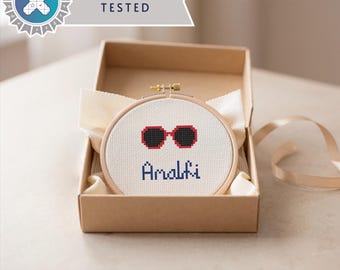 Tiny Amalfi Sunglasses – Mini Cross Stitch Pattern 30x30, Summer Quote Quick Stitch PDF