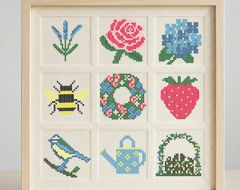 Petit lot complet de jardin anglais – 9 mini motifs de point de croix 30 x 30, jeu complet PDF