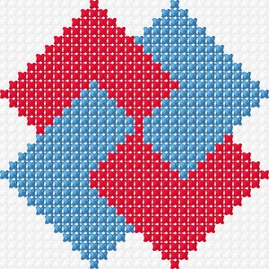 May include: A cross-stitch pattern featuring four diamond shapes in red and blue. The diamonds are arranged to create a larger, symmetrical design. The background is white, providing a clean contrast to the colorful pattern.