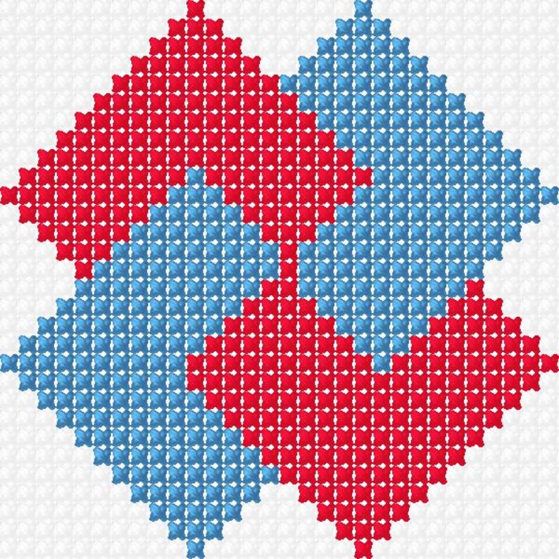 May include: A cross-stitch pattern featuring four diamond shapes in red and blue. The diamonds are arranged to create a larger, symmetrical design. The background is white, providing a clean contrast to the colorful pattern.