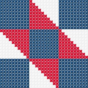 K&ouml;nnte beinhalten: Ein geometrisches Muster mit einem kreuzartigen Design, das rote und blaue Quadrate auf wei&szlig;em Hintergrund aufweist. Die Quadrate sind mit einem Raster aus kleinen Punkten gef&uuml;llt, wodurch ein strukturiertes Aussehen entsteht. Das Design ist symmetrisch und optisch ansprechend.