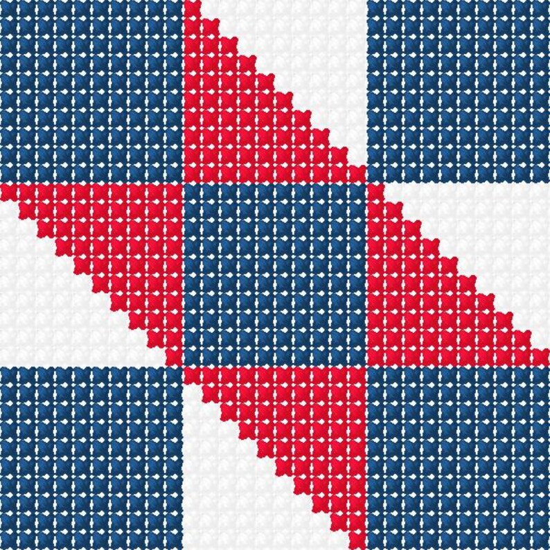 K&ouml;nnte beinhalten: Ein geometrisches Muster mit einem kreuzartigen Design, das rote und blaue Quadrate auf wei&szlig;em Hintergrund aufweist. Die Quadrate sind mit einem Raster aus kleinen Punkten gef&uuml;llt, wodurch ein strukturiertes Aussehen entsteht. Das Design ist symmetrisch und optisch ansprechend.