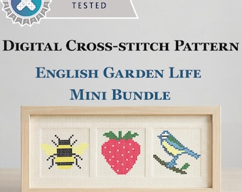Petit ensemble anglais Garden Life - lot de mini points de croix 30 x 30, abeille oiseau fraise PDF