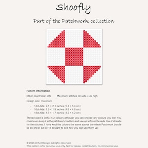 Peut inclure: Un motif de point de croix Shoofly rouge et blanc, faisant partie de la collection Patchwork. Le motif comprend des informations sur le nombre de points et la taille, avec une taille maximale de 5,4 x 5,4 cm (14ct Aida).
