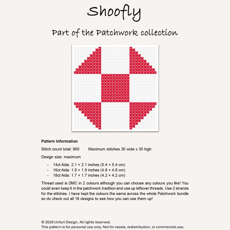 Peut inclure: Un motif de point de croix Shoofly rouge et blanc, faisant partie de la collection Patchwork. Le motif comprend des informations sur le nombre de points et la taille, avec une taille maximale de 5,4 x 5,4 cm (14ct Aida).