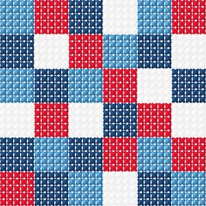 K&ouml;nnte beinhalten: Ein geometrisches Muster mit einem Raster aus roten, wei&szlig;en und blauen Quadraten. Das Design hat ein strukturiertes Aussehen, wobei jedes Quadrat scheinbar aus kleineren, sich wiederholenden Formen besteht.
