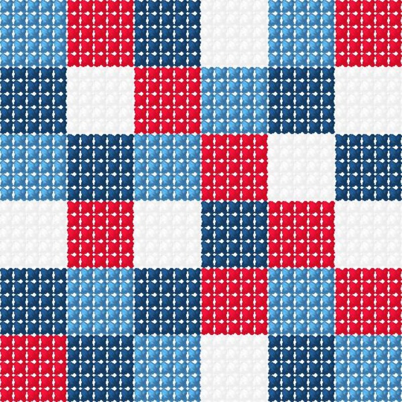 K&ouml;nnte beinhalten: Ein geometrisches Muster mit einem Raster aus roten, wei&szlig;en und blauen Quadraten. Das Design hat ein strukturiertes Aussehen, wobei jedes Quadrat scheinbar aus kleineren, sich wiederholenden Formen besteht.