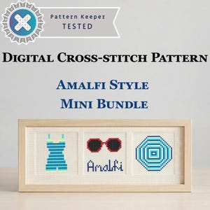 May include: A digital cross-stitch pattern titled Amalfi Style Mini Bundle. The design features three stitched icons: a blue and yellow striped swimsuit, red-rimmed sunglasses above the word Amalfi, and a blue and white octagonal beach umbrella.