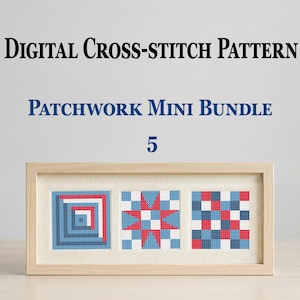 May include: A framed digital cross-stitch pattern with three mini patchwork designs. The designs include a geometric square, a star, and a checkered pattern, in blue, red, and white. The text reads "Patchwork Mini Bundle 5".