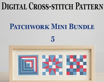 Zestaw 5 małych patchworków – mini wzór do haftu krzyżykowego 30x30, mały szybki haft w formacie PDF