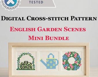 Petit ensemble de scènes de jardin anglais - Mini lot de points de croix 30 x 30, arrosoir pour portail, couronne PDF