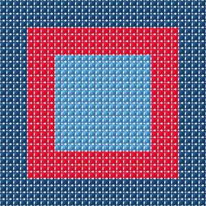 May include: Abstract geometric design featuring a square within a square. The outer border is a grid of dark blue squares, followed by a red square, and a light blue square in the center. The design is symmetrical and visually striking.