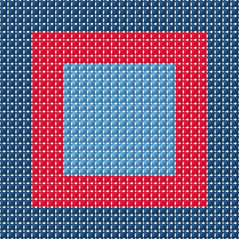 May include: Abstract geometric design featuring a square within a square. The outer border is a grid of dark blue squares, followed by a red square, and a light blue square in the center. The design is symmetrical and visually striking.