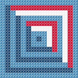 May include: Abstract geometric pattern in blue, red, and white. The design consists of nested squares, with the colours arranged in bands. The overall effect is a visually striking, modern design.