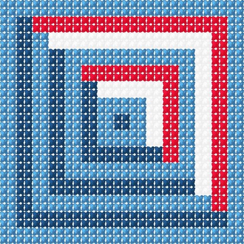 May include: Abstract geometric pattern in blue, red, and white. The design consists of nested squares, with the colours arranged in bands. The overall effect is a visually striking, modern design.