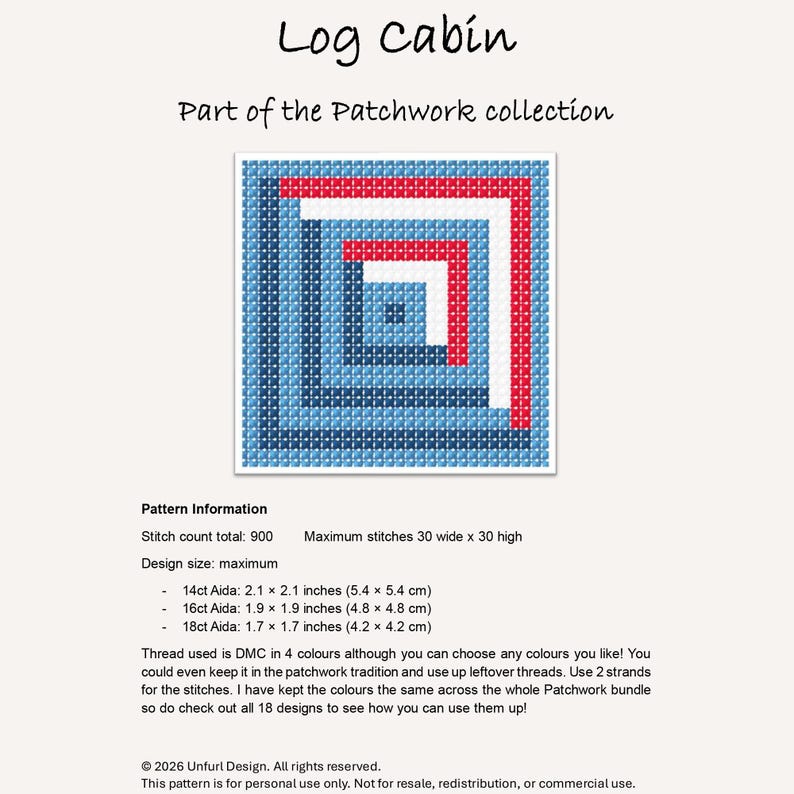 May include: A cross-stitch pattern named "Log Cabin" from the Patchwork collection. The design is a square pattern with blue, red, and white blocks. The pattern information includes stitch count, design size, and Aida cloth sizes in inches and cm.