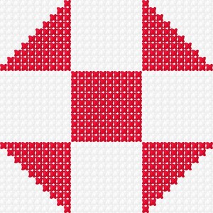 May include: A square quilt block design featuring a red and white pattern. The design is composed of a central red square and four red triangles in the corners, all set against a white background. The pattern is a cross-stitch style.