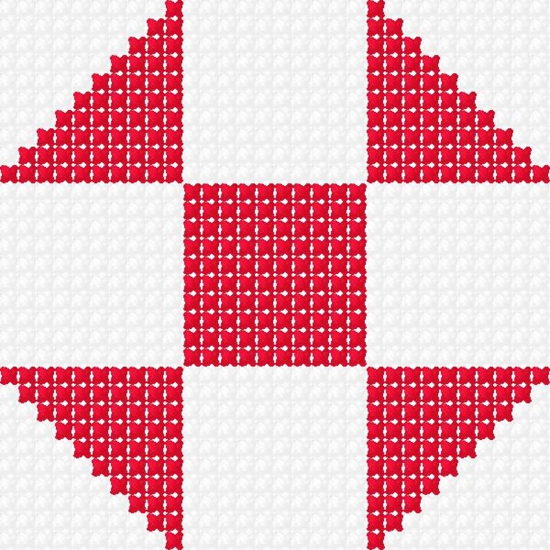 May include: A square quilt block design featuring a red and white pattern. The design is composed of a central red square and four red triangles in the corners, all set against a white background. The pattern is a cross-stitch style.