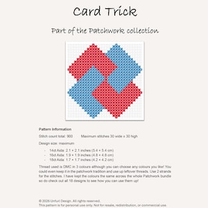 Peut inclure: Un motif de point de croix "Card Trick" de la collection Patchwork, avec des carr&eacute;s rouges et bleus imbriqu&eacute;s sur fond blanc. Les informations incluent le nombre de points, la taille et les mesures Aida en cm.