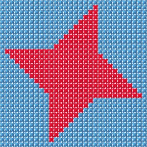 May include: A pixelated design featuring a red starburst shape against a blue background. The design is composed of small, square pixels, creating a mosaic-like appearance. The color palette is primarily red and blue.