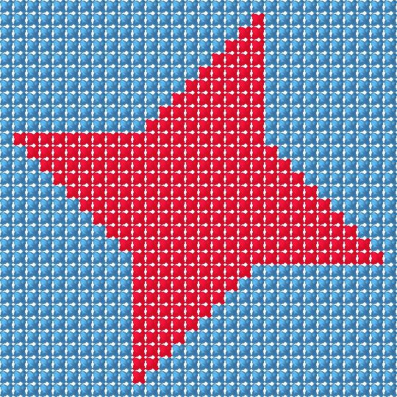 May include: A pixelated design featuring a red starburst shape against a blue background. The design is composed of small, square pixels, creating a mosaic-like appearance. The color palette is primarily red and blue.