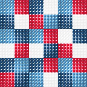 May include: A geometric pattern with a grid of squares in red, white, and shades of blue. The squares are arranged in a checkerboard design, creating a visually dynamic and textured pattern.