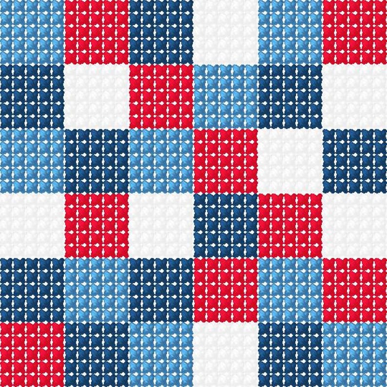 May include: A geometric pattern with a grid of squares in red, white, and shades of blue. The squares are arranged in a checkerboard design, creating a visually dynamic and textured pattern.