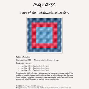 May include: A cross-stitch pattern titled "Squares" from the Patchwork collection. The design features three concentric squares in blue, red, and light blue. The pattern information includes stitch count, design size, and Aida cloth sizes in inches and centimeters.