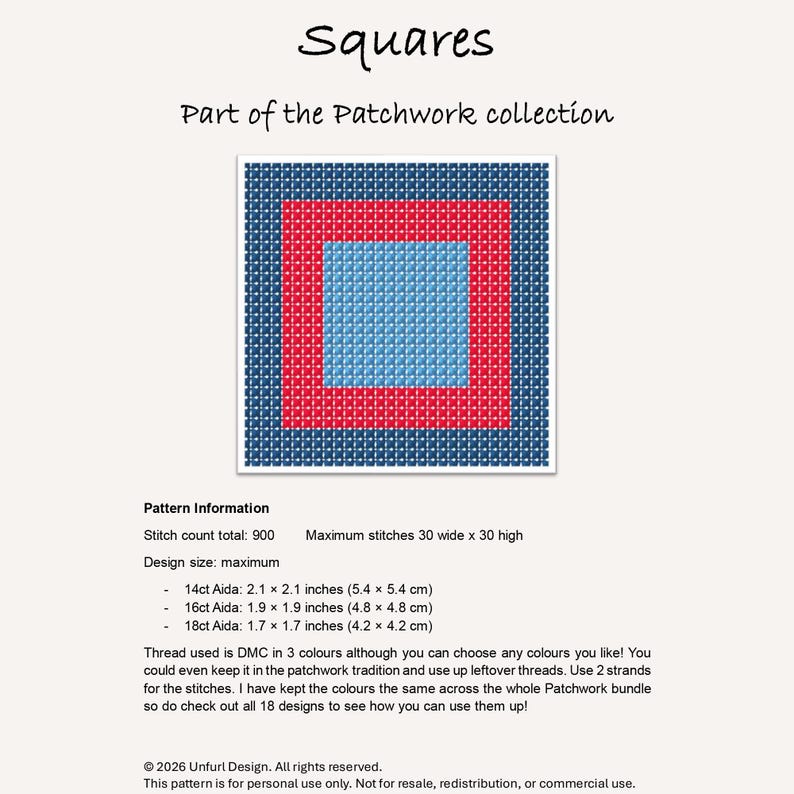 May include: A cross-stitch pattern titled "Squares" from the Patchwork collection. The design features three concentric squares in blue, red, and light blue. The pattern information includes stitch count, design size, and Aida cloth sizes in inches and centimeters.
