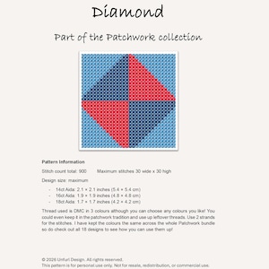 May include: A cross-stitch pattern titled "Diamond" from the Patchwork collection. The design features a square divided into four sections: two red and two blue. The pattern information includes stitch count, design size, and Aida cloth measurements in inches and centimeters.