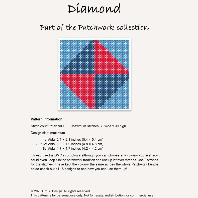 May include: A cross-stitch pattern titled "Diamond" from the Patchwork collection. The design features a square divided into four sections: two red and two blue. The pattern information includes stitch count, design size, and Aida cloth measurements in inches and centimeters.