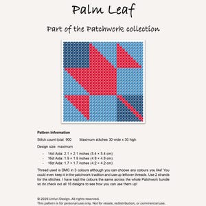 Może przedstawiać: Wz&oacute;r haftu krzyżykowego zatytułowany "Palm Leaf" z kolekcji Patchwork. Projekt przedstawia geometryczny wz&oacute;r w kolorach czerwonym, niebieskim i granatowym. Rozmiar wzoru to 5,4 x 5,4 cm (14ct Aida).
