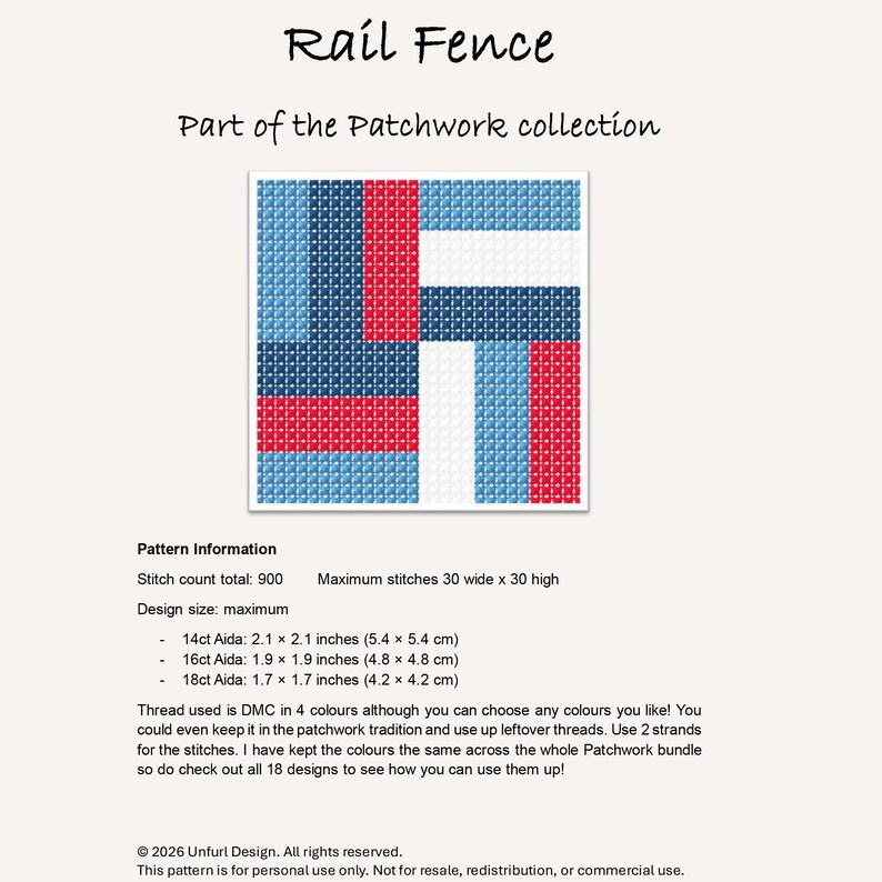 May include: A cross-stitch pattern titled "Rail Fence" from the Patchwork collection. The design features a geometric pattern in red, white, and blue. The pattern size is a maximum of 30 stitches wide and 30 stitches high. The pattern is available in 14ct, 16ct, and 18ct Aida.
