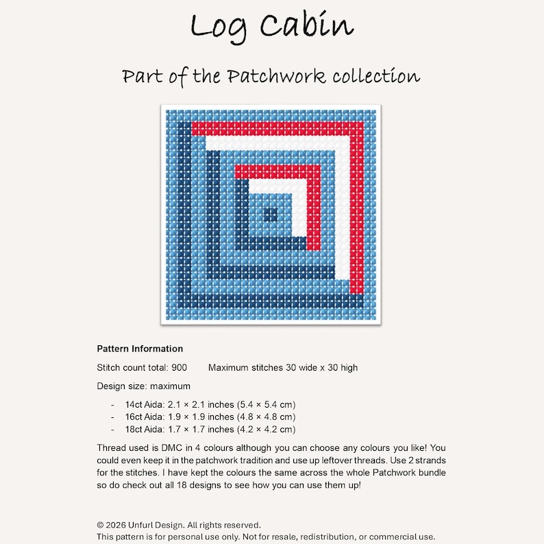 K&ouml;nnte beinhalten: Ein Kreuzstichmuster mit dem Titel "Log Cabin" aus der Patchwork-Kollektion. Das Design zeigt ein quadratisches Muster mit blauen, roten und wei&szlig;en Bl&ouml;cken. Die Mustergr&ouml;&szlig;e betr&auml;gt 5,4 x 5,4 cm auf 14ct Aida-Stoff.