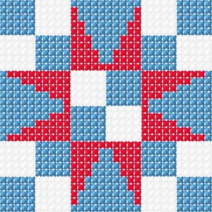 May include: A geometric pattern with a grid of white, blue, and red squares. The design uses a repeating motif of red shapes against a blue and white background, creating a visually striking and symmetrical composition.