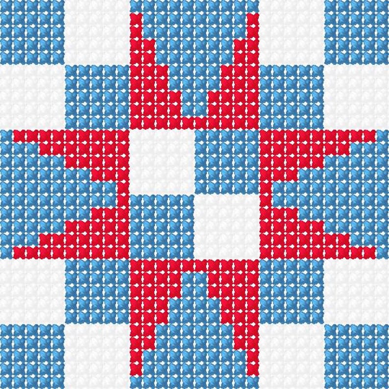 May include: A geometric pattern with a grid of white, blue, and red squares. The design uses a repeating motif of red shapes against a blue and white background, creating a visually striking and symmetrical composition.