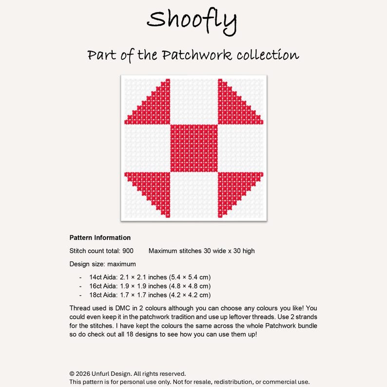 May include: A cross-stitch pattern with a red and white Shoofly design, part of the Patchwork collection. The design size is a maximum of 2.1 x 2.1 inches (14ct Aida). The pattern information includes stitch count and thread usage details.