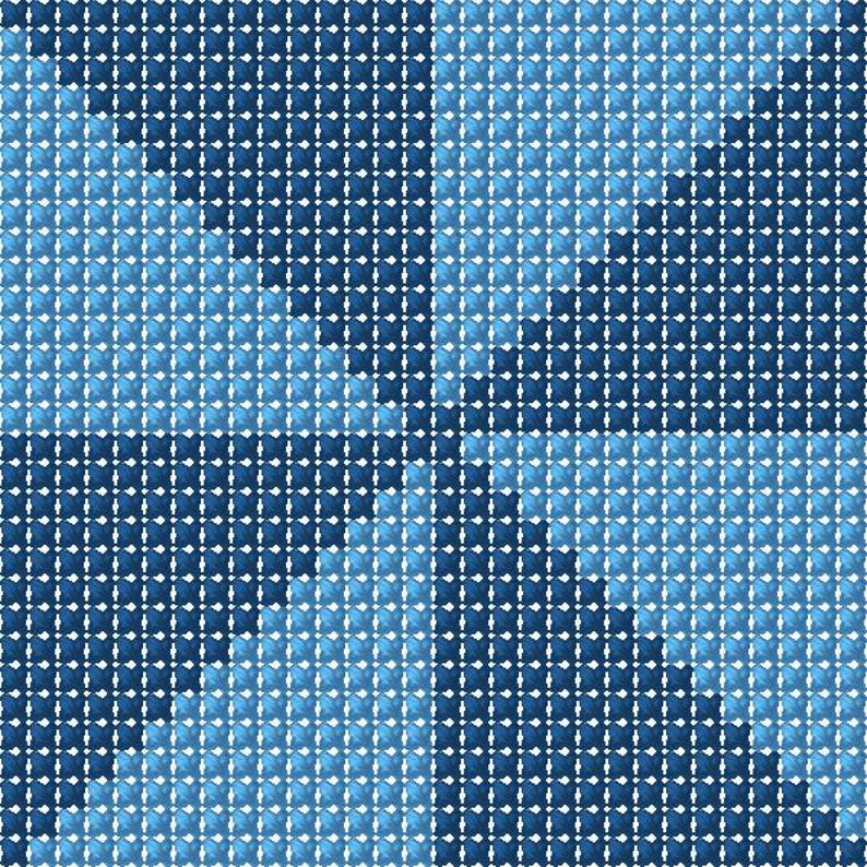 May include: Abstract geometric pattern in shades of blue. The design features a grid of small squares, with darker blue shapes forming a larger pattern against a lighter blue background. The overall effect is a textured, pixelated appearance.