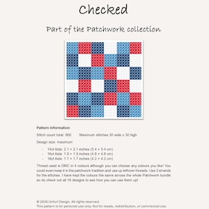 May include: A cross-stitch pattern named "Checked" from the Patchwork collection, showing a grid of red, white, and blue squares. The pattern details include stitch count, design size, and Aida cloth measurements in cm and inches.