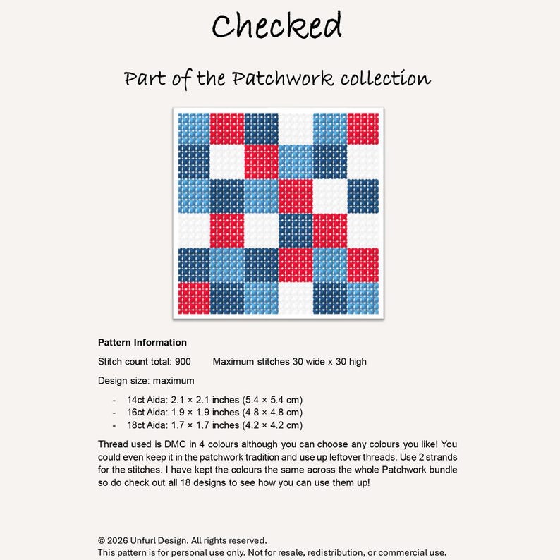 May include: A cross-stitch pattern named "Checked" from the Patchwork collection, showing a grid of red, white, and blue squares. The pattern details include stitch count, design size, and Aida cloth measurements in cm and inches.