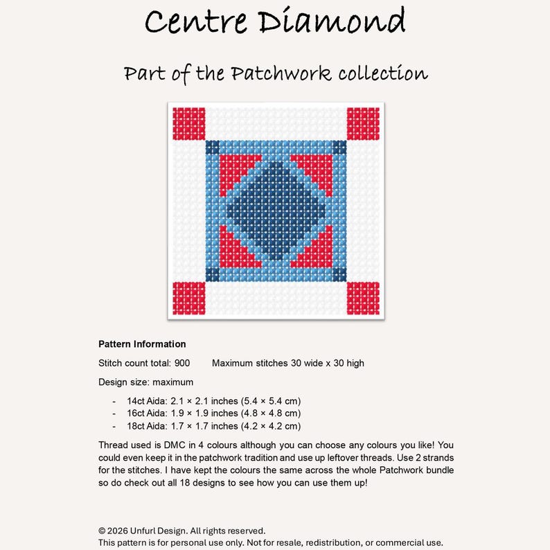 Może przedstawiać: Wz&oacute;r haftu krzyżykowego zatytułowany "Centre Diamond" z kolekcji Patchwork. Projekt przedstawia centralny niebieski kształt rombu otoczony czerwonymi i niebieskimi elementami geometrycznymi na białym tle. Rozmiar wzoru to 5,4 x 5,4 cm.